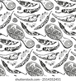 Pimentos com sementes inteiros, cortados em metades ou picados. Plano de fundo perfeito. Ilustração vetorial desenhada à mão do contorno. Fundo de cozinha vintage. Objetos pretos de hachura isolados em plano de fundo branco