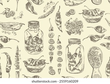 Whole, halved and chopped chili peppers with seeds. Seamless backdrop. Outline hand drawn vector illustration. Vintage kitchen background. Isolated hatching black objects on white background