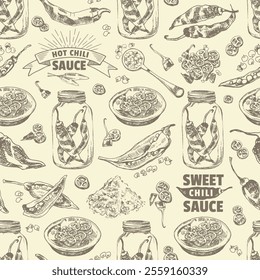 Whole, halved and chopped chili peppers with seeds. Seamless backdrop. Outline hand drawn vector illustration. Vintage kitchen background. Isolated hatching black objects on white background