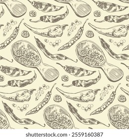 Whole, halved and chopped chili peppers with seeds. Seamless backdrop. Outline hand drawn vector illustration. Vintage kitchen background. Isolated hatching black objects on white background