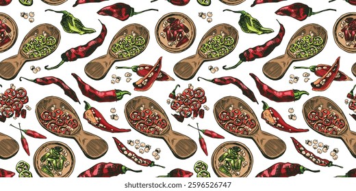 Whole, halved and chopped chili peppers with seeds. Seamless backdrop. Outline hand drawn vector illustration. Vintage kitchen background. Isolated colorful objects on white background
