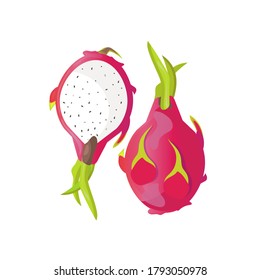 Whole And Halved Dragonfruit Isolated On White Background. Vector Illustration.