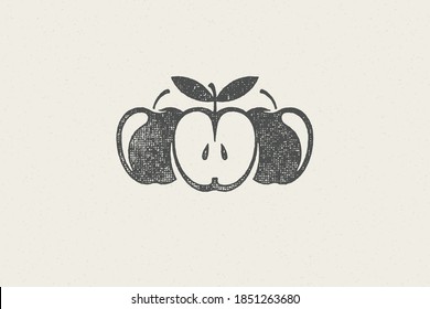 Whole and halved fresh apples silhouettes for healthy and organic food logo hand drawn stamp effect vector illustration. Vintage grunge texture emblem for package and menu design or label decoration.