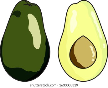 Whole and halved fresh avocado isoleted on white color background. Popular vegetable. Vegetarian Food. Can be used for T-shirts, aprons, fabrics, wripping, logos, banners, flyers, stickers, posters.