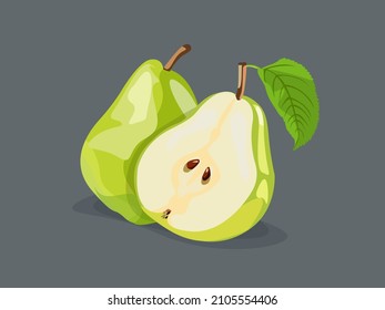 Whole and halved green pears with leaf.