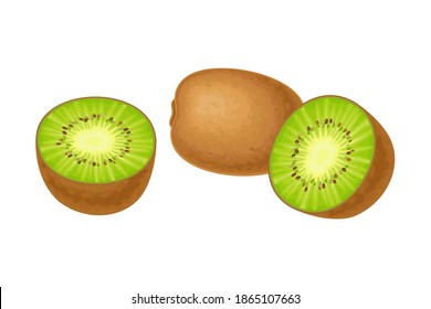 Whole and Halved Kiwifruit or Kiwi as Edible Berry with Fibrous Brown Skin and Green Flesh Vector Illustration