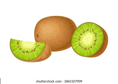 Whole and Halved Kiwifruit or Kiwi as Edible Berry with Fibrous Brown Skin and Green Flesh Vector Illustration