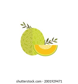 Whole And Halved Melon Vector Flat Design Illustration, Cartoon Style Green Honeydew Melons And Half-cut Melon Flat Vector Icon Isolated On White Fresh Canary Melon And Cantaloupe  Vector Icon In Flat