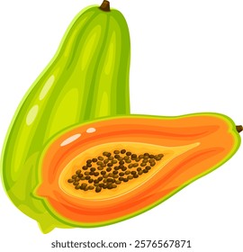 Whole and halved papaya fruit displaying a green exterior contrasted with a vibrant orange interior filled with small black seeds