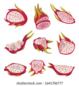 Whole and Halved Pitaya or Dragon Fruit Covered with Leathery Leafy Skin Vector Set