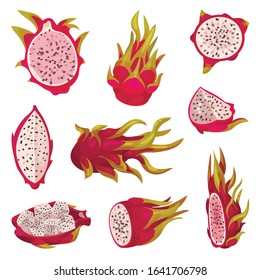 Whole and Halved Pitaya or Dragon Fruit Covered with Leathery Leafy Skin Vector Set