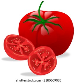 Tomate rojo entero y reducido a la mitad.