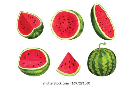 Whole and Halved Watermelon Fruit with Juicy Red Flesh and Black Seeds Inside Vector Set