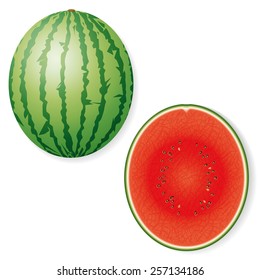 Icono vector de frutas de la sandía completa y a la mitad. Ilustración vectorial de la sandía entera y media aislada. Sombras en una capa separada.