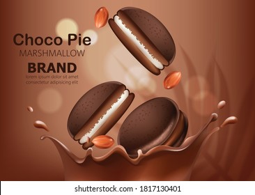 Whole and halves of marshmallow choco pies and peanuts falling in melted chocolate. Realistic. 3D mockup product placement. Place for text. Vector