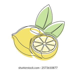 Whole and halves yellow lemons with leaf isolated on white background. Simple citrus silhouette. Hand drawn lemon outline. Vector illustration