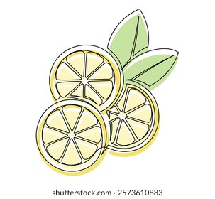 Whole and halves yellow lemons with leaf isolated on white background. Simple citrus silhouette. Hand drawn lemon outline. Vector illustration