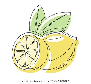 Whole and halves yellow lemons with leaf isolated on white background. Simple citrus silhouette. Hand drawn lemon outline. Vector illustration