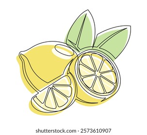 Whole and halves yellow lemons with leaf isolated on white background. Simple citrus silhouette. Hand drawn lemon outline. Vector illustration