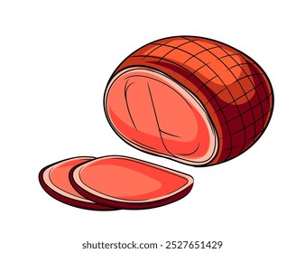 Presunto inteiro com uma fatia, embalagem de produtos à base de carne. Comida de carne vermelha, desenho à mão. Ilustração vetorial isolada sobre fundo branco.