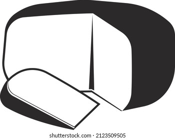 A whole head of cheese with a piece of cheese. Dairy agricultural products. Flat black silhouette. Vector image isolated on a white background.