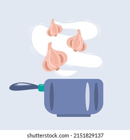 Whole heads of garlic. Big saucepan and adding garlic, illustration of cooking utensils. Vector for recipe and industrial processed food production.