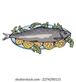 Whole herring with lemon and spices in a plate. Menu design, restaurant signs. Line drawing, line art. Vector illustration.