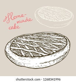 Whole homemade apple pie. Vector black vintage engraving illustration for poster, label and menu bakery shop. Isolated on the white background. Hand drawn design element.