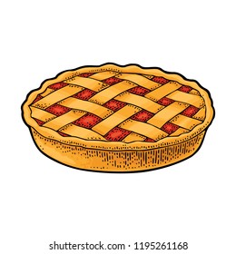 Whole homemade fruit pie. Vector black vintage engraving illustration for poster, label and menu bakery shop. Isolated on the white background. Hand drawn design element