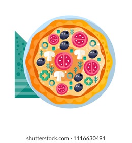 Whole hot delicious vegetarian pizza with tomatoes, mushrooms, olives and green pepper vector Illustration on a white background