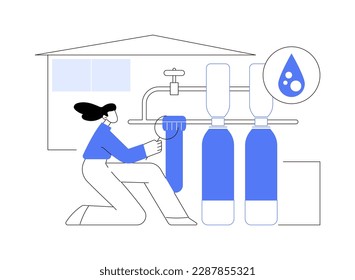 Whole house water filtration abstract concept vector illustration. Woman checking water filters in house, ecology environment industry, purification system, health care abstract metaphor.
