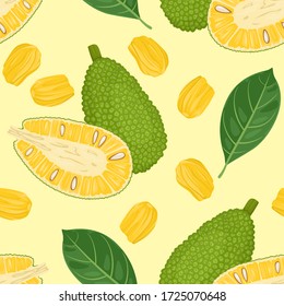 Whole jackfruit, halves, slices and green leaves seamless pattern. Tropical fruits on a yellow background. Vector food illustration in cartoon flat style.