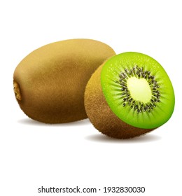 Whole juicy kiwi and half green kiwi, kiwi cut with shadow on white background vector 3d realistic