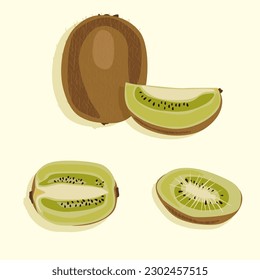 Whole kiwi and cut kiwi slices in different shapes. Tropical berries. Vector fruit icons.
