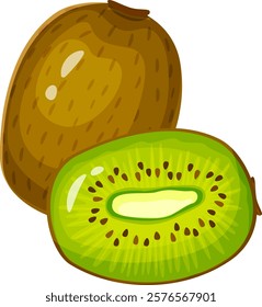 Whole kiwi fruit alongside a half kiwi fruit, revealing vibrant green pulp, tiny black seeds, and a pale core, creating an enticing and healthy visual representation