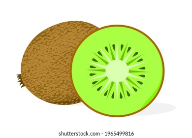 Whole kiwi fruit with half of it, sliced segment on a white background.