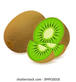 Frutas de kiwi inteiras e seus segmentos fatiados isolados sobre fundo branco. Ilustração vetorial realista.