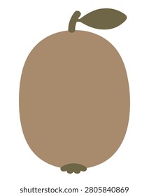Whole kiwi fruit minimal flat illustration isolated on white background. Simple hand drawn brown kiwi clipart with stem and leaf for sticker, label, packaging, menu, kitchen decor, healthy food, and summer design.