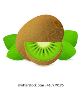 Whole kiwi fruit with slice isolated on white background. Realistic vector illustration.