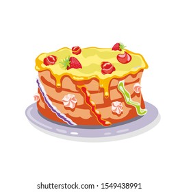 Whole layer torte, gateau, cake garnished with yellow buttercream, strawberries, cream flowers and other colorful decorative elements is on dish. Cartoon vector illustration isolated on white.