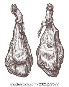 Pata entera de jamón ibérico español colgando de una cuerda. Carne seca, comida de granja. Ilustración del vector