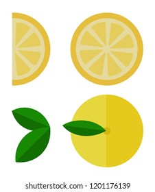 Whole lemon, lemon circle and lemon slice top view vector flat material design isolated on white