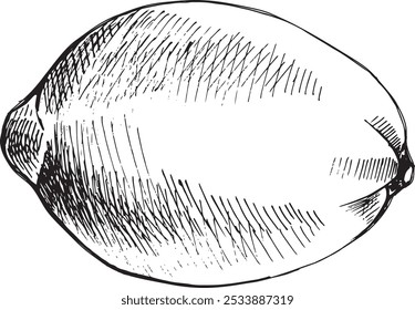 Whole lemon fruit. Citrus fruit is hand drawn in graphic technique, transferred to vector. Black and white, colorless illustration. For design, printing, packaging, menu, textile, fabric, postcards.