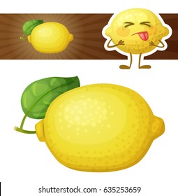 Whole lemon fruit illustration. Cartoon vector icon isolated on white background. Cute lemon character. Series of food and drink and ingredients for cooking