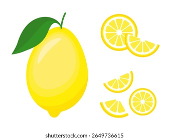 Whole lemon with green leaf and sliced lemon pieces. Fresh citrus fruit design isolated on white background.