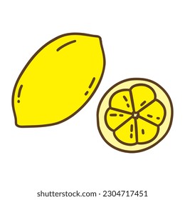 Limón entero y medio al lado. Útil fruta jugosa, vitamina cítrica. Frugarismo, comida cruda. Ilustración aislada del vector colorido dibujada a mano con el doodle de contorno. Prevención de la gripe. Icono o tarjeta