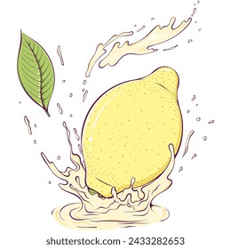 Limón entero con jugo de salpicadura. Gotas líquidas. Ilustración vectorial en estilo dibujado a mano. Cierre el ingrediente de fruta agria para el jugo fresco aislado en blanco