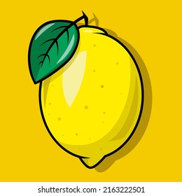 Whole lemon with leaf isolated on yellow background. Yellow lemon fruit with leav vector digital design graphic.