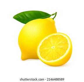 Whole lemon with leaf and slice isolated on white background. Realistic vector illustration. Side view. 