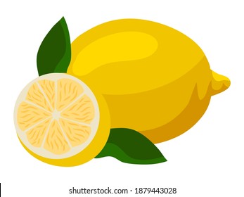 Whole lemon with leaf and slice on white background. Yellow citrus fruit with green leaves icon vector illustration. Fresh product piece with vitamins. Colorful sour food design.